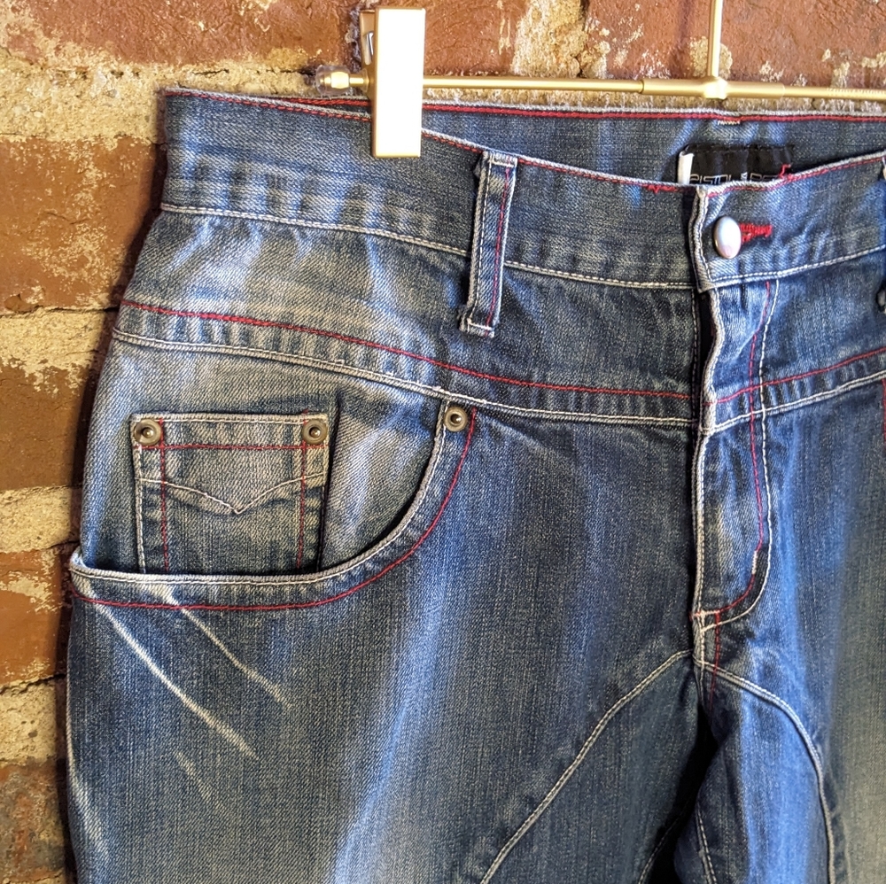 Vintage Pistol Pete Size 34 Blue Denim Jeans w/ Red Thread Accent & Slight Flare